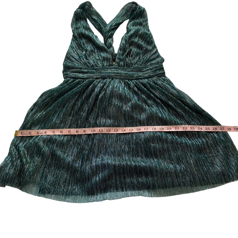 NWT LULUS Sz L Women Ailey Metallic Gold Teal Twist Back Skater Dress L 17D1756 - Picture 14 of 16